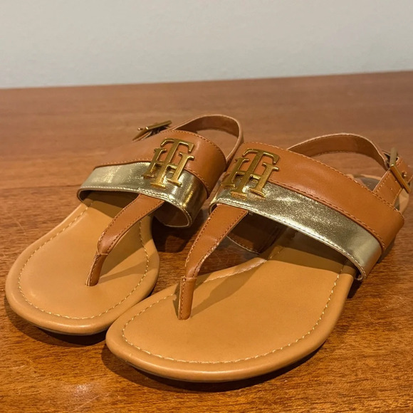 Tommy Hilfiger Thong Sandals Brown‎ & Gold Sz 7 - Picture 1 of 7